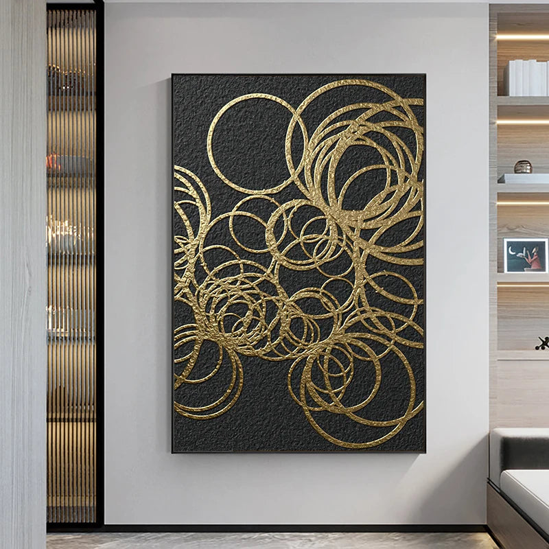 Abstract Geometry Canvas Painting Black and Golden Line Wall Art Posters