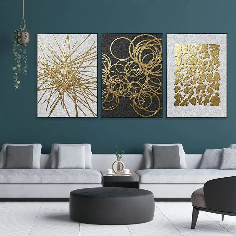 Abstract Geometry Canvas Painting Black and Golden Line Wall Art Posters