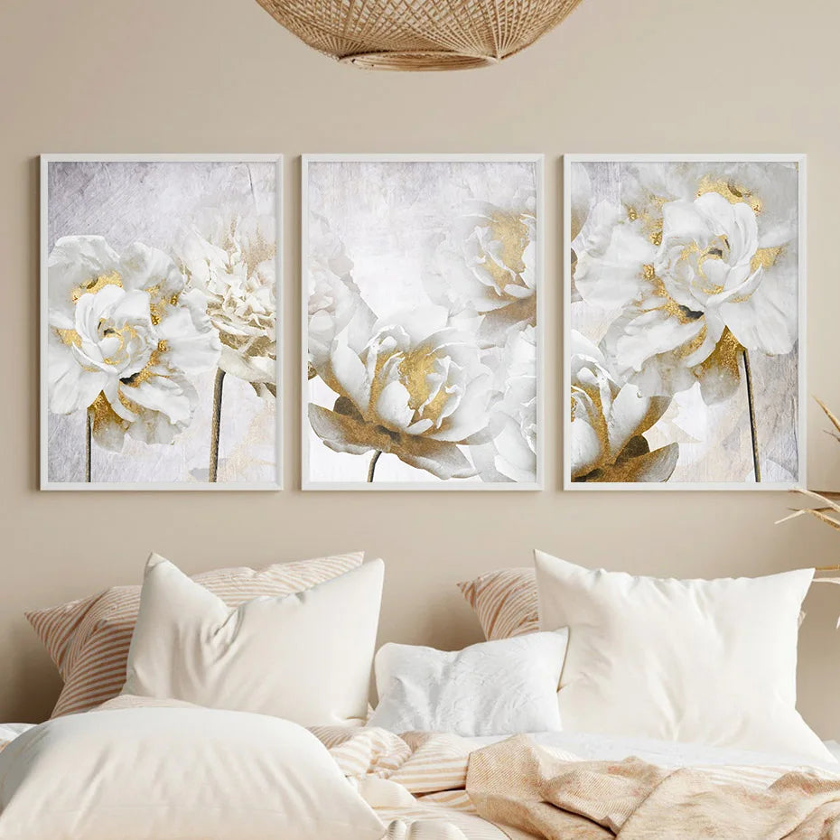 Abstract Gold White Blooming Floral Wall Art Posters