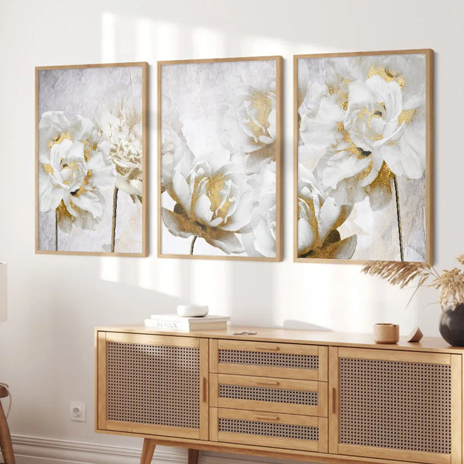 Abstract Gold White Blooming Floral Wall Art Posters