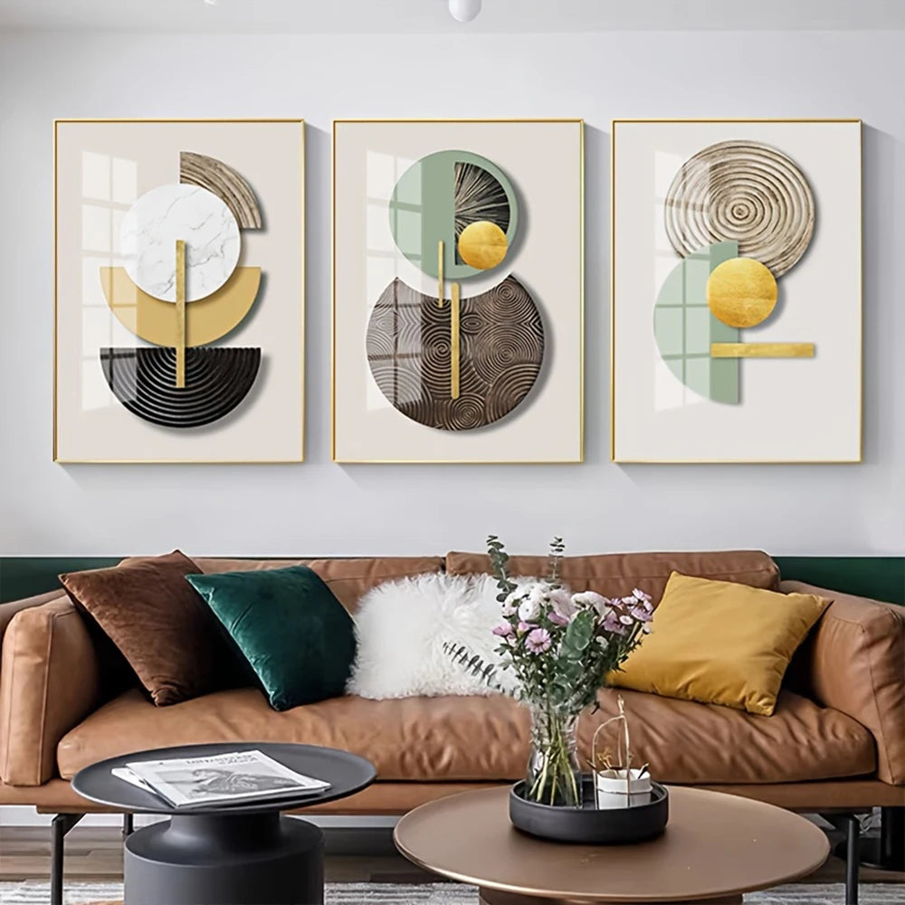 Frameless Golden Green Abstract Circle Geometric Art