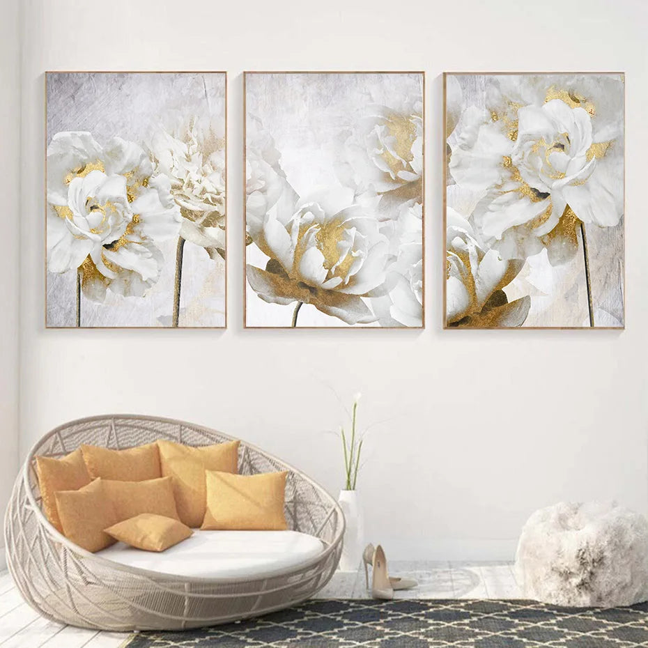 Abstract Gold White Blooming Floral Wall Art Posters