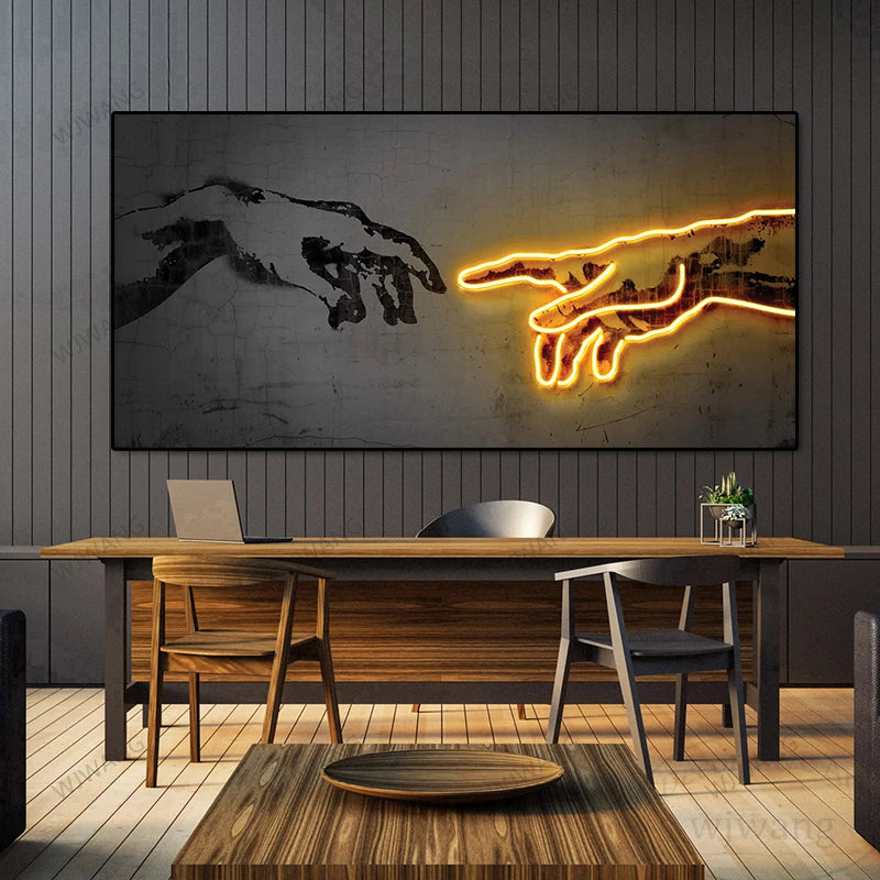 Neon Light Art Canvas Print Hand of God Artwork