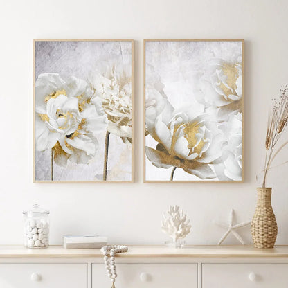 Abstract Gold White Blooming Floral Wall Art Posters