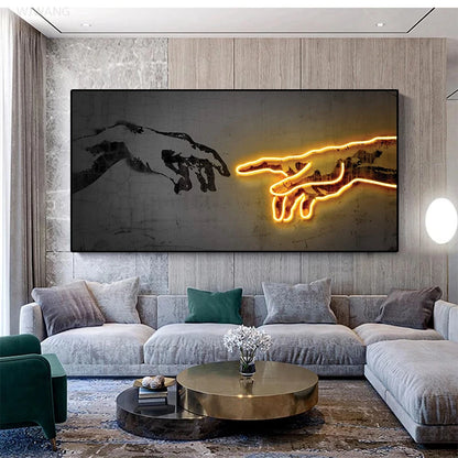 Neon Light Art Canvas Print Hand of God Artwork