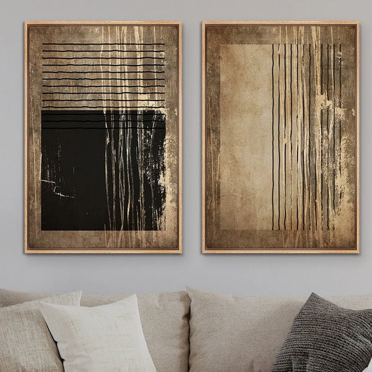 Modern Minimalist Vintage Set of 2 Brown Abstract Poster Prints